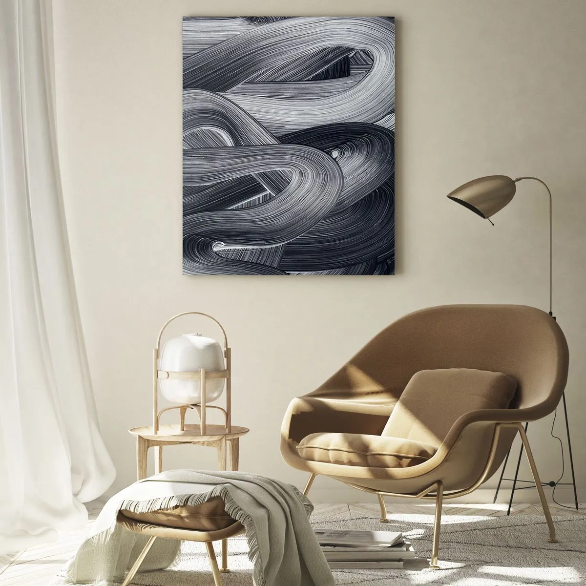 Quadro su vetro - Astrazione in bianco e nero con pennellate dinamiche. - 70x100cm - La fluidità della realtà - Decorazione murale moderna per soggiorno e camera da letto ARTTOR