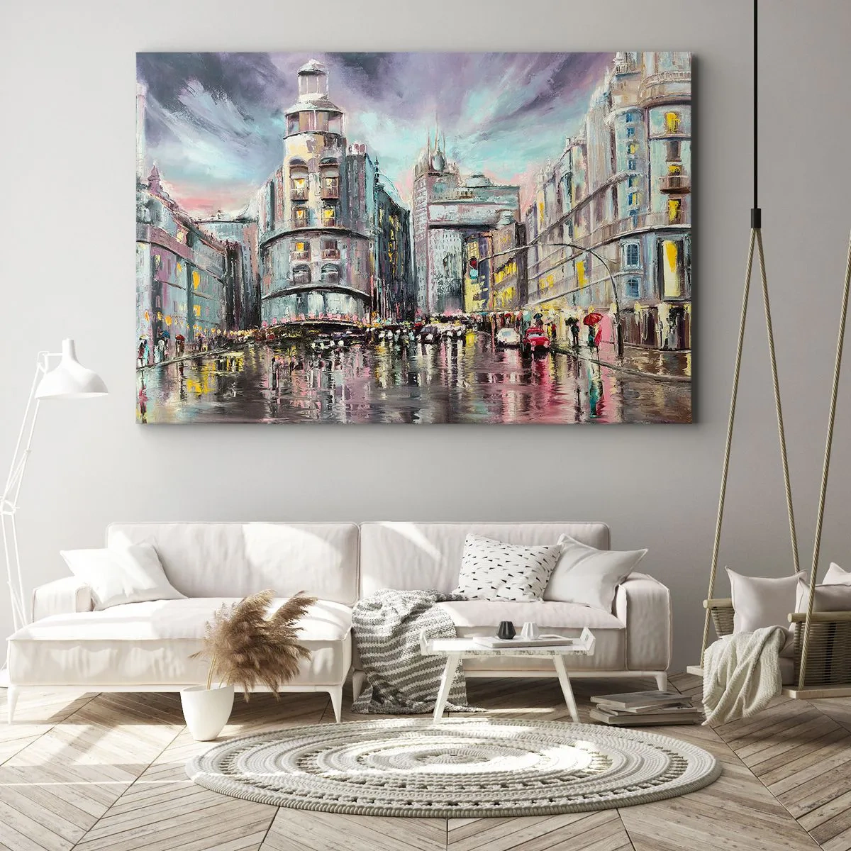 Quadro su tela - Stampe su Tela - Vista serale della città con riflessi sulla strada bagnata - 100x70cm - Sarà una serata riuscita - Decorazione murale moderna per soggiorno e camera da letto ARTTOR