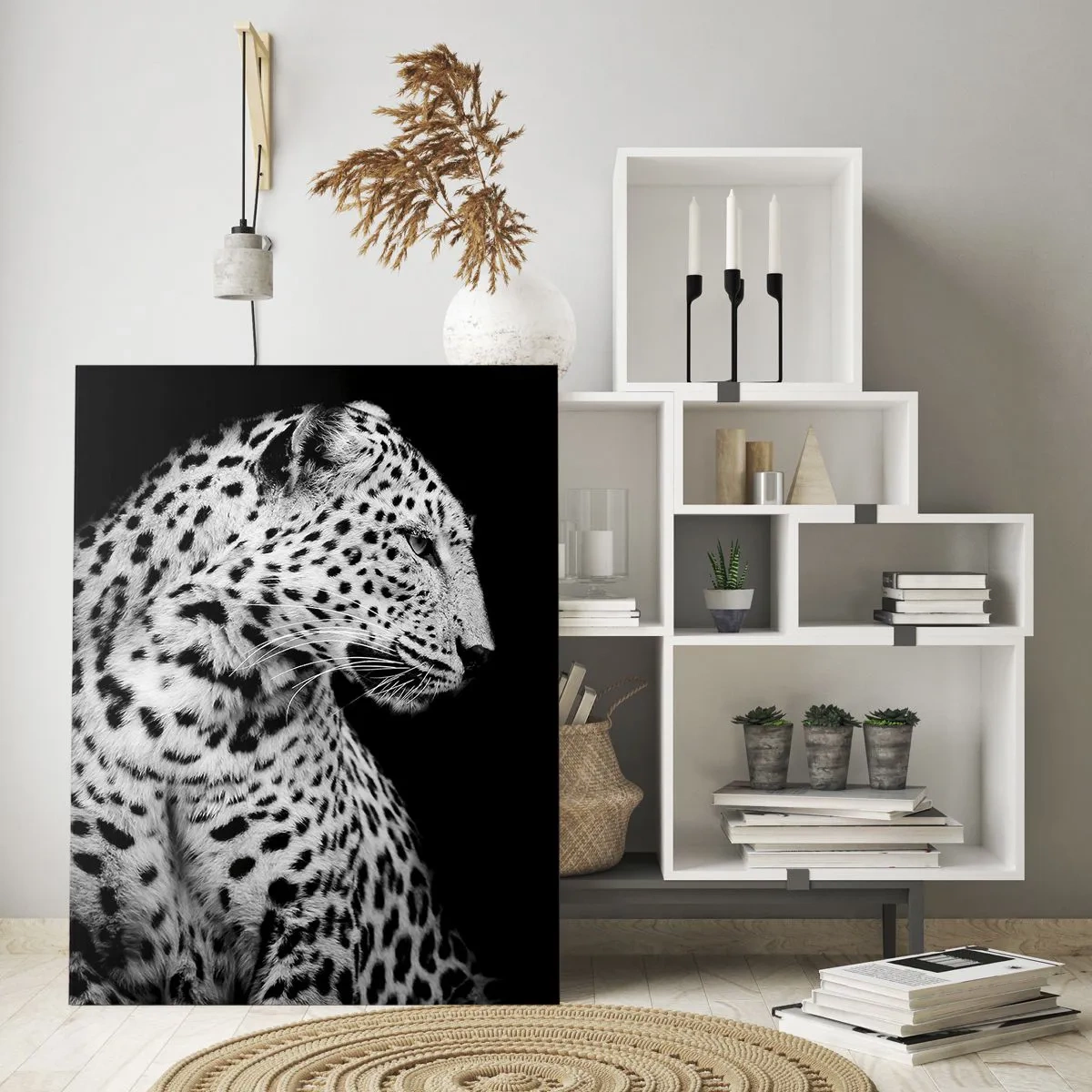 Quadro su vetro - Immagine in bianco e nero di un leopardo su sfondo nero - 70x100cm - Profilo destro perfetto! - Decorazione murale moderna per soggiorno e camera da letto ARTTOR