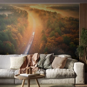 Fotomurali Premium Sand - Viaggio autunnale - Trasporto ferroviario, Paesaggio montano, Treno passeggeri - 150x105 cm