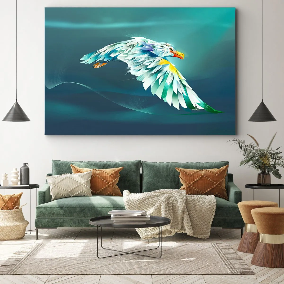 Quadro su tela - Stampe su Tela - Aquila astratta in volo contro un cielo turchese - 70x50cm - Potenza del volo dell'aquila - Decorazione murale moderna per soggiorno e camera da letto ARTTOR
