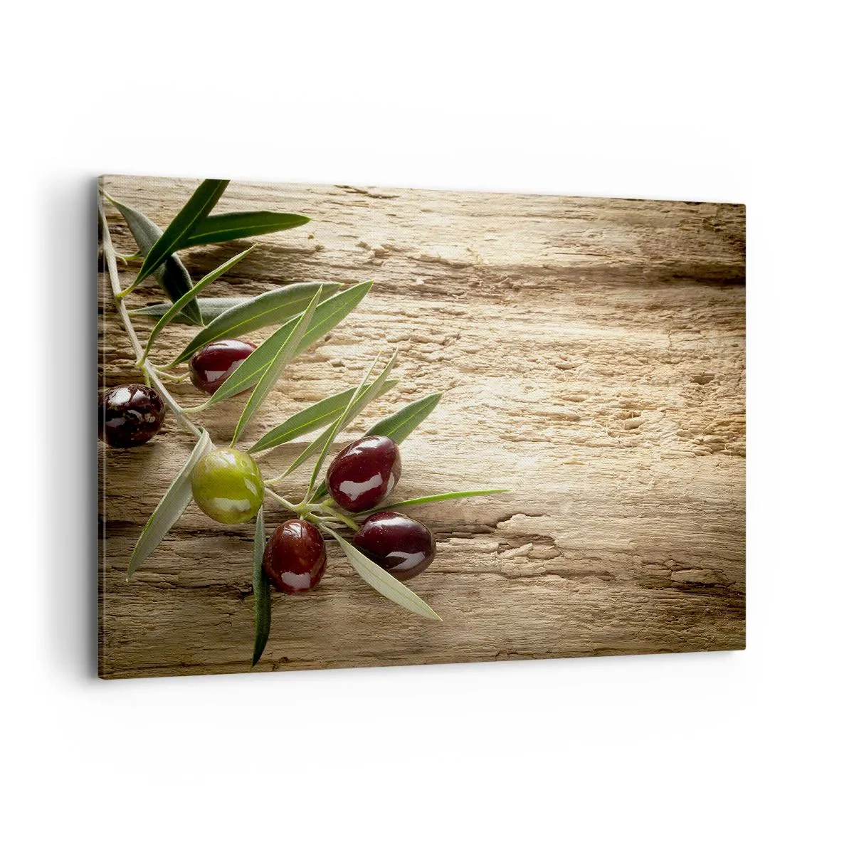 Quadro su tela - Stampe su Tela - Ramo d'ulivo con frutta su uno sfondo di legno invecchiato - 100x70cm - Direttamente dalla natura - Decorazione murale moderna per soggiorno e camera da letto ARTTOR