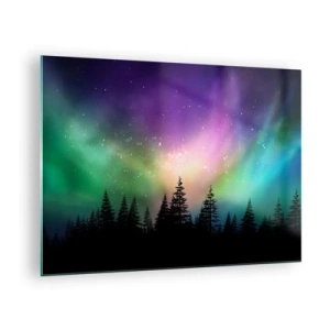 Quadro su vetro - Foresta di notte sotto la colorata aurora boreale - 70x50cm - Magia bianca - Decorazione murale moderna per soggiorno e camera da letto ARTTOR