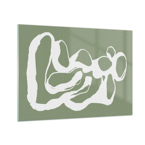 Quadro su vetro - Forma organica bianca astratta su sfondo oliva - 70x50cm - Il richiamo dello spazio - Decorazione murale moderna per soggiorno e camera da letto ARTTOR