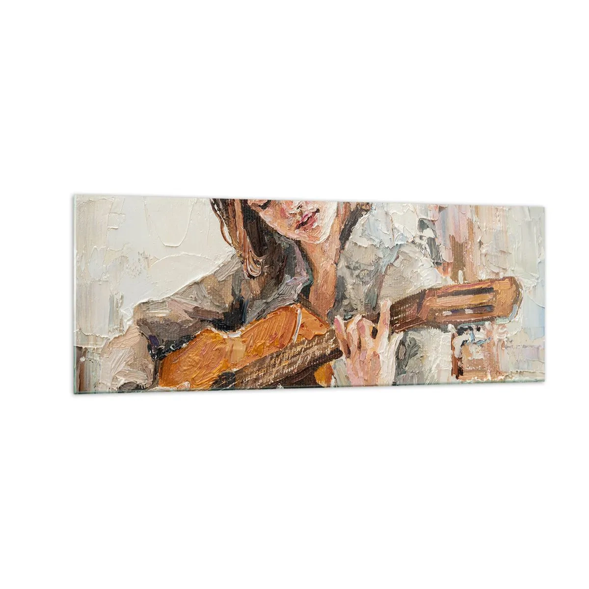 Quadro su vetro - Ritratto di una ragazza che suona la chitarra in stile pittorico con colori caldi. - 140x50cm - Concerto per chitarra e cuore di ragazza - Decorazione murale moderna per soggiorno e camera da letto ARTTOR