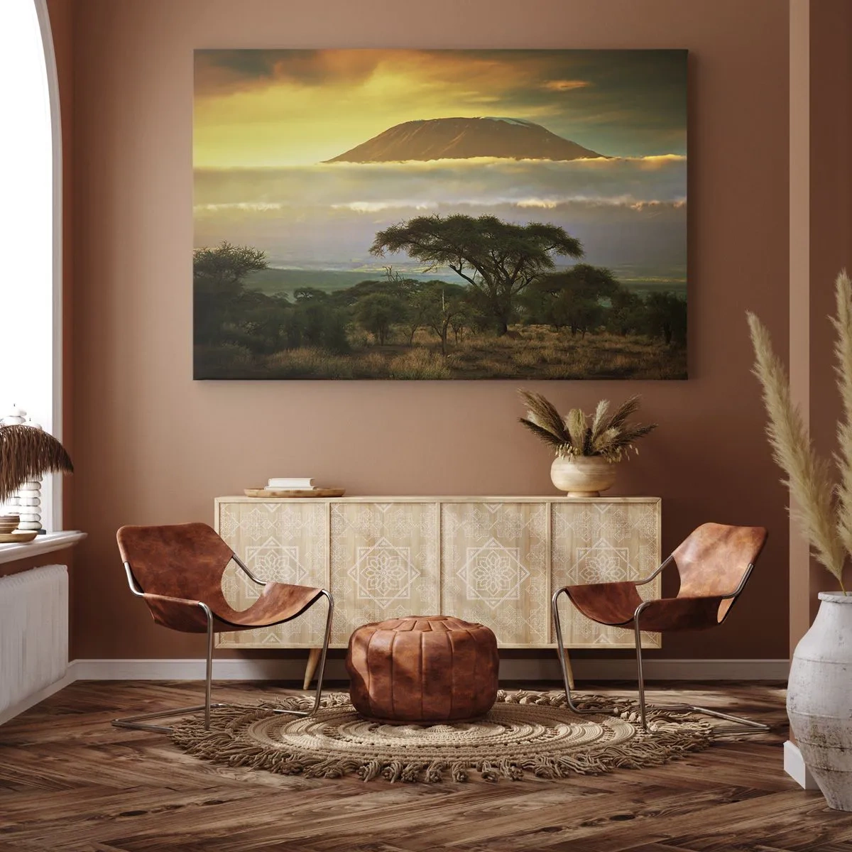 Quadro su tela - Stampe su Tela - Paesaggio africano con il Kilimangiaro all'alba - 70x50cm - Il sogno del viaggiatore - Decorazione murale moderna per soggiorno e camera da letto ARTTOR