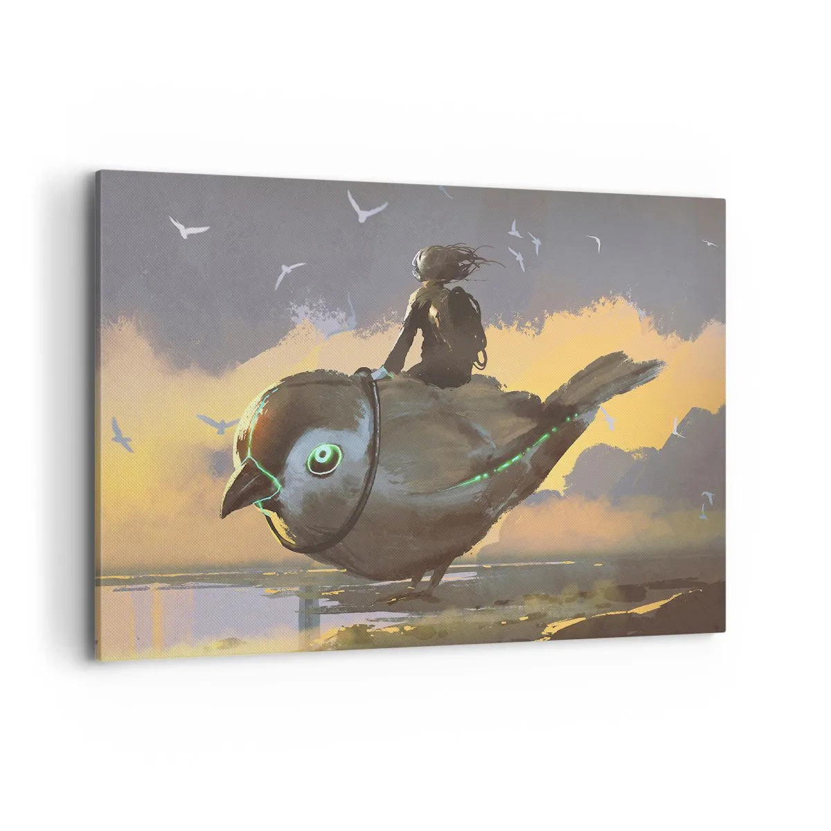 Quadro su tela - Stampe su Tela - Cavaliere su un uccello gigante in un paesaggio surreale - 100x70cm - La sosta di un viaggio fantastico - Decorazione murale moderna per soggiorno e camera da letto ARTTOR