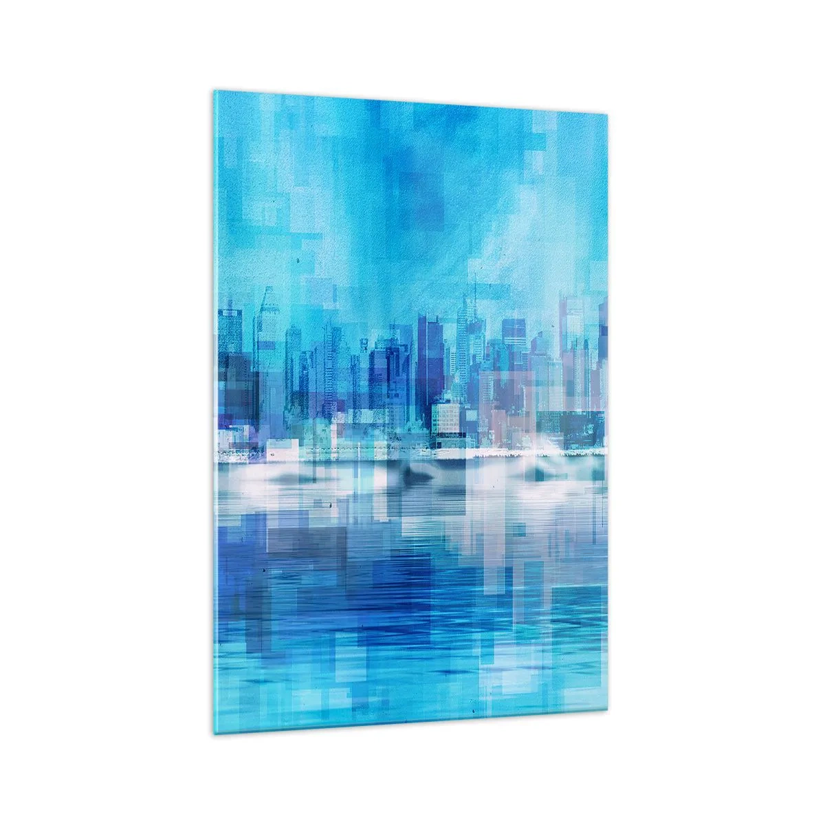 Quadro su vetro - Panorama urbano astratto nei toni del blu - 70x100cm - Immersi nel blu - Decorazione murale moderna per soggiorno e camera da letto ARTTOR