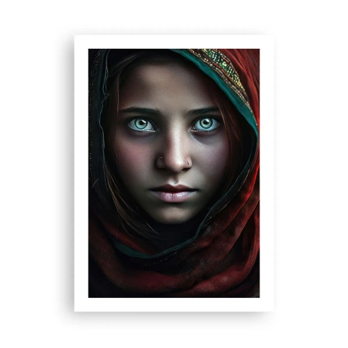 Poster - Ritratto di una ragazza con uno scialle rosso e occhi ipnotizzanti - 50x70cm - Principessa d'oriente - Decorazione murale moderna per soggiorno e camera da letto ARTTOR