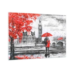 Quadro su vetro - Una coppia sotto un ombrello rosso con il Big Ben e gli alberi autunnali sullo sfondo. - 100x70cm - Innamorati a Londra - Decorazione murale moderna per soggiorno e camera da letto ARTTOR