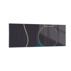 Quadro su vetro - Chitarra acustica in una luce scura ed elegante - 140x50cm - L'attimo prima del suono - Decorazione murale moderna per soggiorno e camera da letto ARTTOR