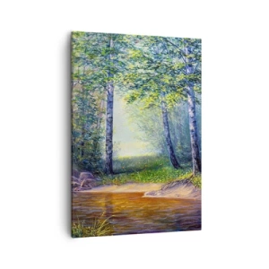 Quadro su tela - Stampe su Tela - Un ruscello nella foresta circondato da betulle e sole - 50x70cm - Scena di beatitudine - Decorazione murale moderna per soggiorno e camera da letto ARTTOR