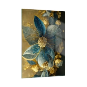 Quadro su vetro - Fiori blu e oro con un tocco lussuoso - 50x70cm - Fiorire d'oro - Decorazione murale moderna per soggiorno e camera da letto ARTTOR