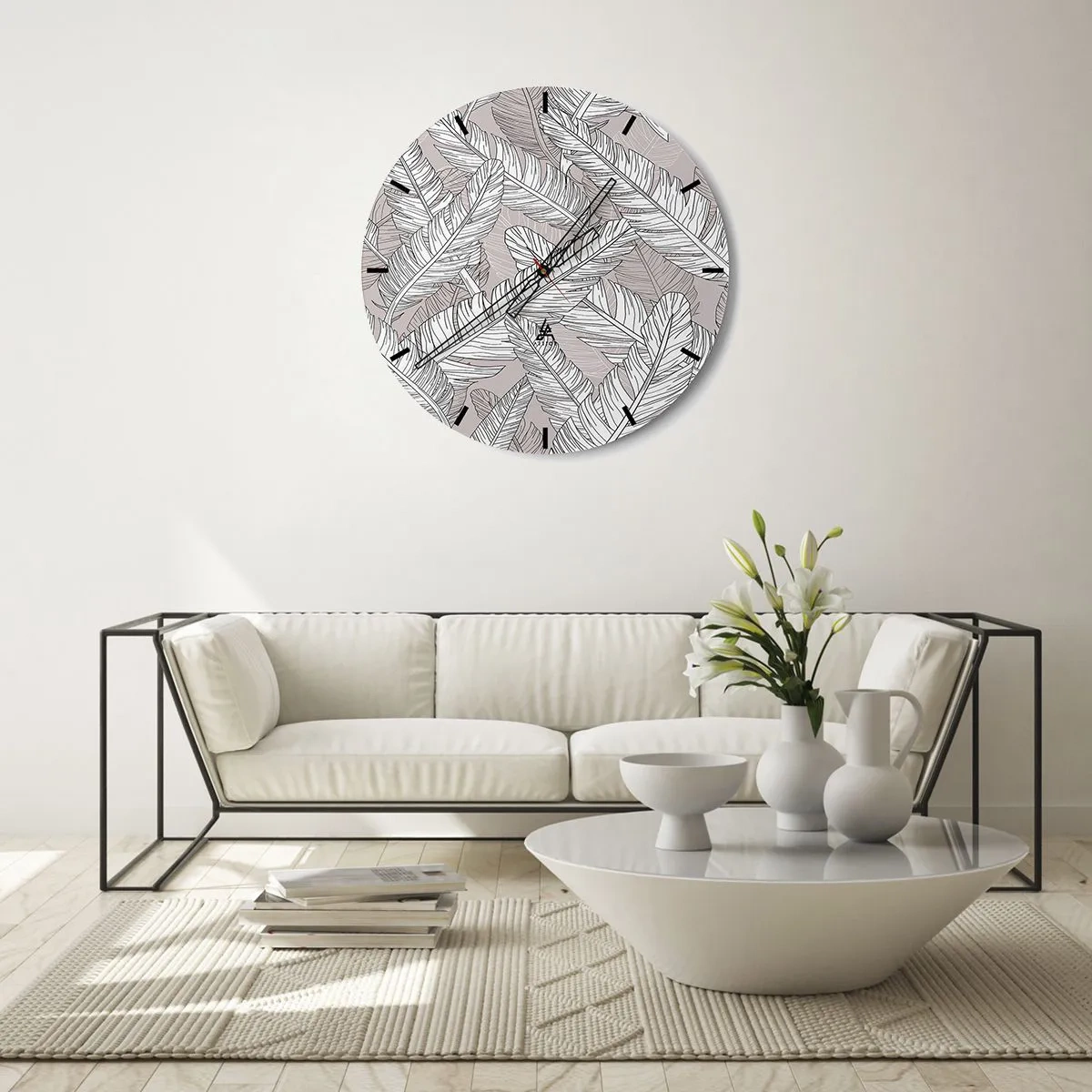 Orologio da parete - Orologio in Vetro - Foglie di banano bianche e nere su sfondo chiaro - 30x30cm - Vortice di piume - Decorazione murale moderna per soggiorno, cucina e camera da letto ARTTOR
