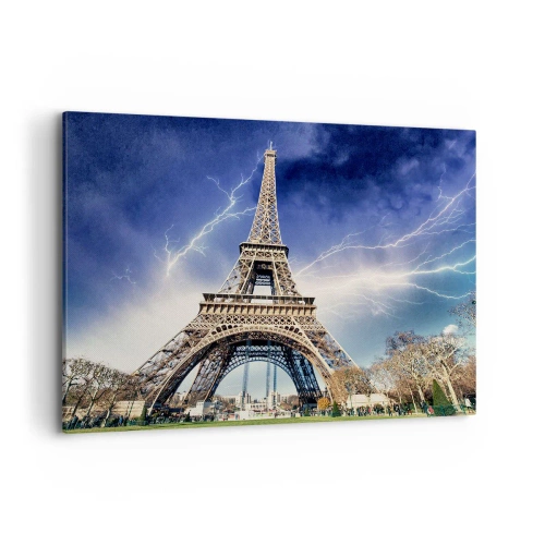 Quadro su tela - Stampe su Tela - La Torre Eiffel con un cielo tempestoso e fulmini sullo sfondo - 100x70cm - La signora delle tempeste - Decorazione murale moderna per soggiorno e camera da letto ARTTOR