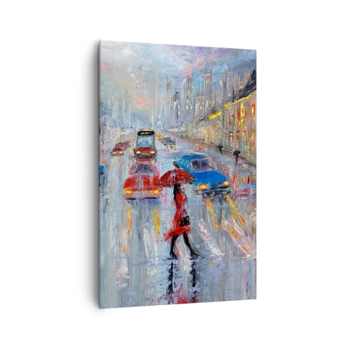 Quadro su tela - Stampe su Tela - Una donna con un ombrello in una strada piovosa, illuminata dalle luci al neon. - 80x120cm - Pomeriggio di pioggia in città - Decorazione murale moderna per soggiorno e camera da letto ARTTOR