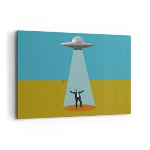 Quadro su tela - Stampe su Tela - Un uomo alla luce di un UFO sullo sfondo di un paesaggio colorato - 100x70cm - Incontro ravvicinato - Decorazione murale moderna per soggiorno e camera da letto ARTTOR