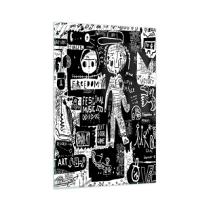 Quadro su vetro - Collage in bianco e nero ispirato alla street art - 80x120cm - Gioventù spirituale di giustizia e gioia - Decorazione murale moderna per soggiorno e camera da letto ARTTOR