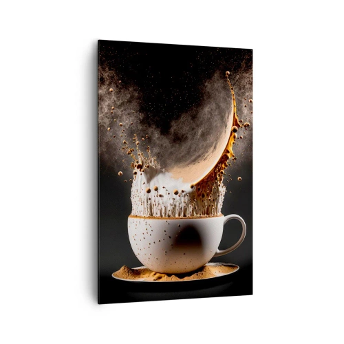 Quadro su tela - Stampe su Tela - Una tazza di caffè con un'esplosione dinamica di liquido su uno sfondo nero. - 80x120cm - Esplosione di sapore - Decorazione murale moderna per soggiorno e camera da letto ARTTOR