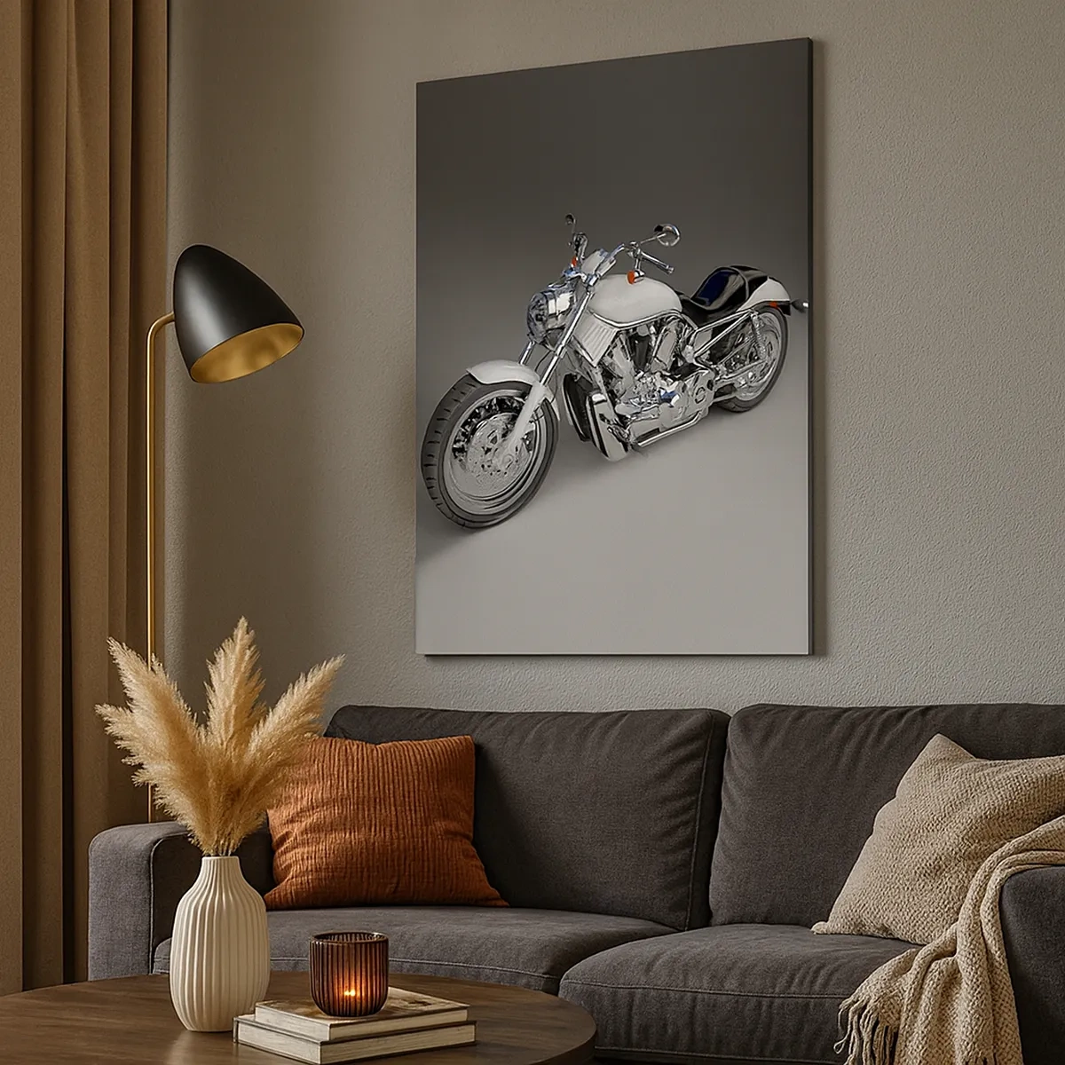 Quadro su tela - Stampe su Tela - Motocicletta cruiser bianca su sfondo grigio - 50x70cm - Viene voglia di inginocchiarsi - Decorazione murale moderna per soggiorno e camera da letto ARTTOR