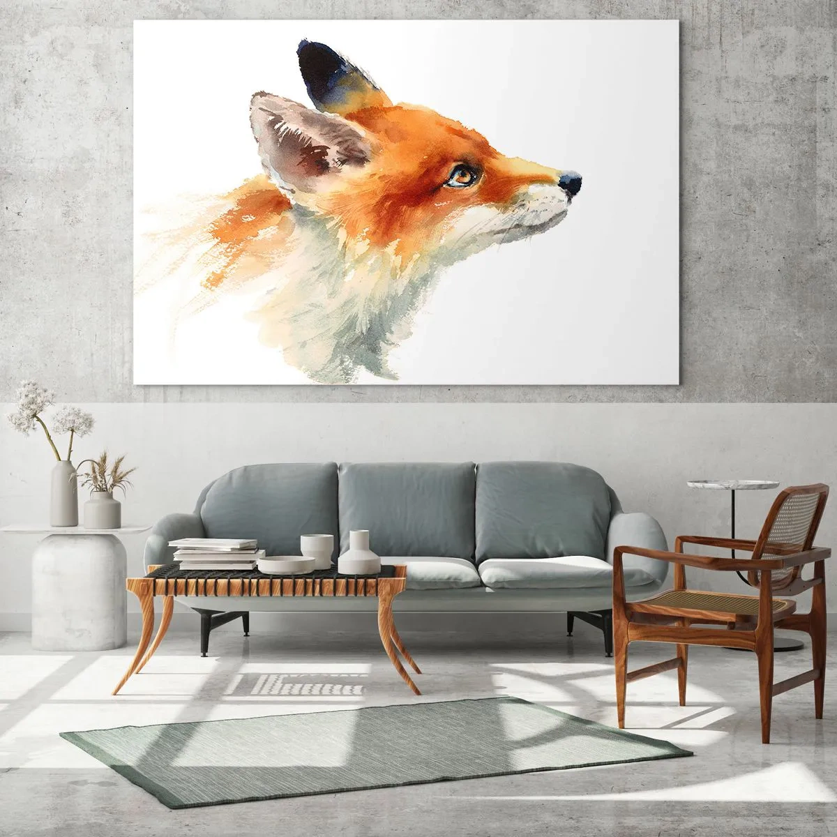 Quadro su vetro - Illustrazione ad acquerello di una volpe che guarda in lontananza - 100x70cm - La prudenza non è mai troppa - Decorazione murale moderna per soggiorno e camera da letto ARTTOR