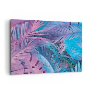 Quadro su tela - Stampe su Tela - Foglie tropicali nelle tonalità del rosa e del blu - 120x80cm - Tropici in rosa e blu - Decorazione murale moderna per soggiorno e camera da letto ARTTOR