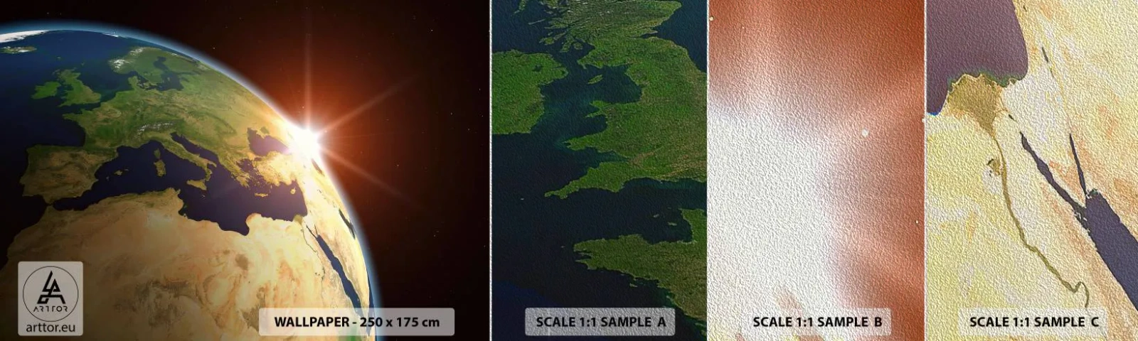 Campione di Fotomurale Premium Sand - Il sorgere del sole - Cosmo, Globo, Continenti - 100x30 cm