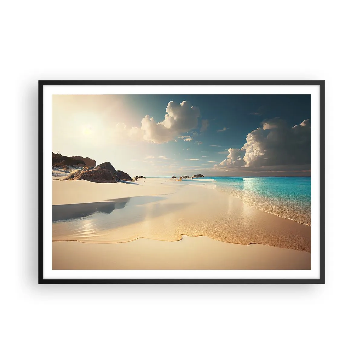 Poster in cornice nera - Una spiaggia soleggiata con mare azzurro e rocce - 100x70cm - Giornata ideale - Decorazione murale moderna per soggiorno e camera da letto ARTTOR