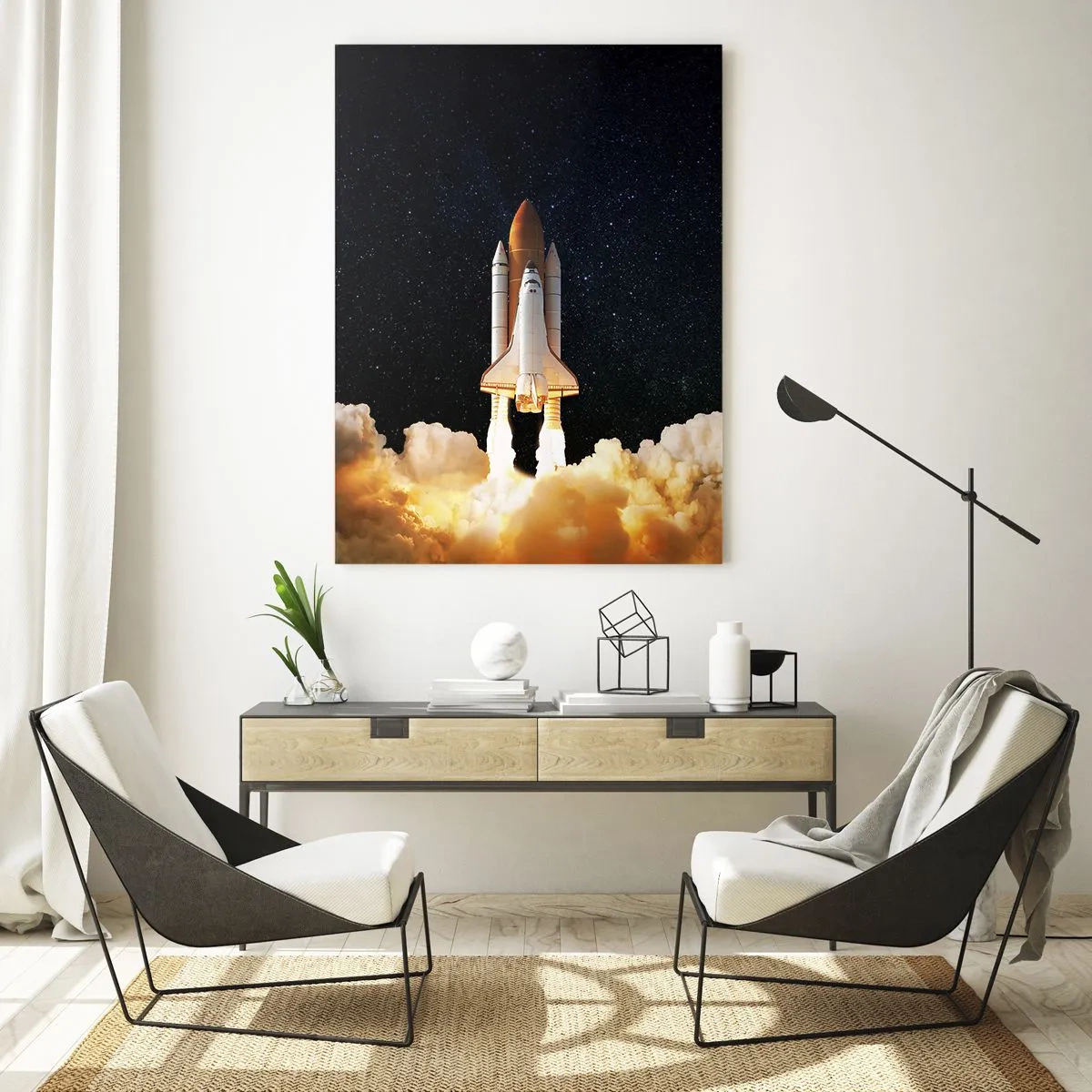 Quadro su vetro - Uno space shuttle in decollo contro un cielo stellato - 50x70cm - Ad astra! - Decorazione murale moderna per soggiorno e camera da letto ARTTOR