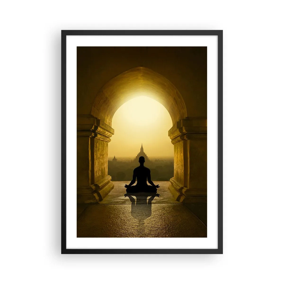 Poster in cornice nera - Una figura che medita nell'arco di un tempio sullo sfondo del sole nascente - 50x70cm - Armonia completa - Decorazione murale moderna per soggiorno e camera da letto ARTTOR