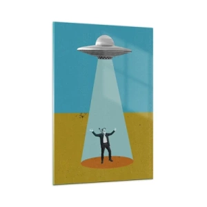 Quadro su vetro - Un uomo alla luce di un UFO sullo sfondo di un paesaggio colorato - 70x100cm - Incontro ravvicinato - Decorazione murale moderna per soggiorno e camera da letto ARTTOR