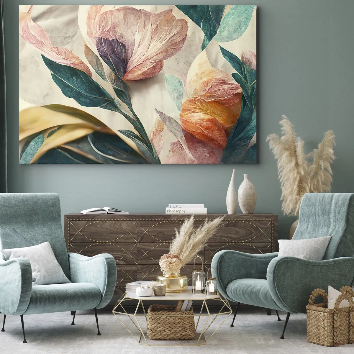 Quadro su tela - Stampe su Tela - Fiori colorati in stile tropicale su uno sfondo chiaro - 70x50cm - I fiori delle isole del sud - Decorazione murale moderna per soggiorno e camera da letto ARTTOR