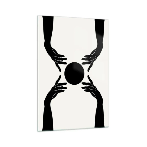 Quadro su vetro - Mani nere in una composizione simmetrica con una palla - 70x100cm - Segno misterioso - Decorazione murale moderna per soggiorno e camera da letto ARTTOR