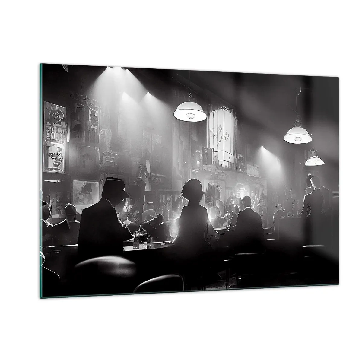 Quadro su vetro - Palco jazz in bianco e nero all'interno di un club - 120x80cm - Nell'atmosfera jazz - Decorazione murale moderna per soggiorno e camera da letto ARTTOR