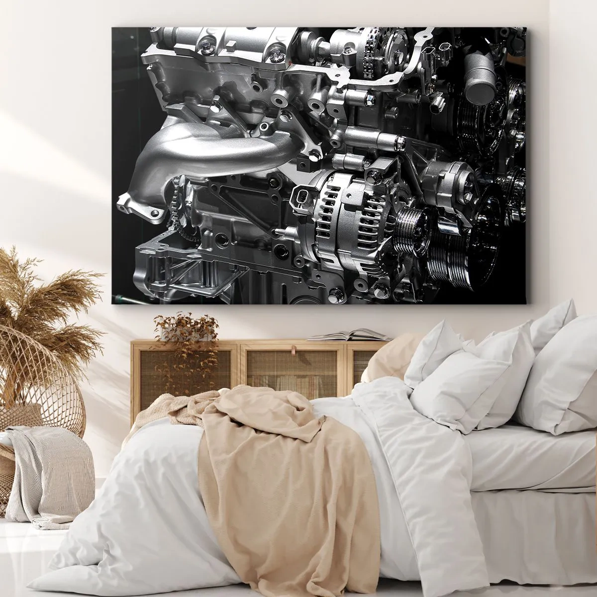 Quadro su tela - Stampe su Tela - Primo piano delle parti metalliche del motore su uno sfondo nero - 120x80cm - D'acciaio, bello, forte - Decorazione murale moderna per soggiorno e camera da letto ARTTOR