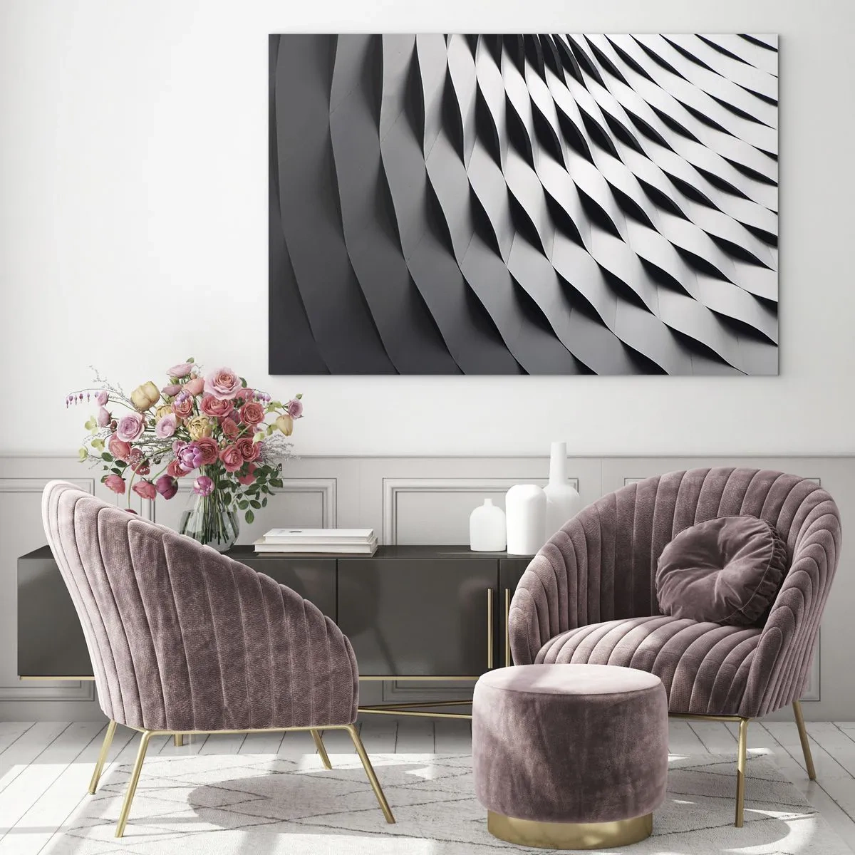 Quadro su vetro - Una struttura astratta in bianco e nero che ricorda forme ondulate. - 100x70cm - Sulla cresta dell'onda - Decorazione murale moderna per soggiorno e camera da letto ARTTOR