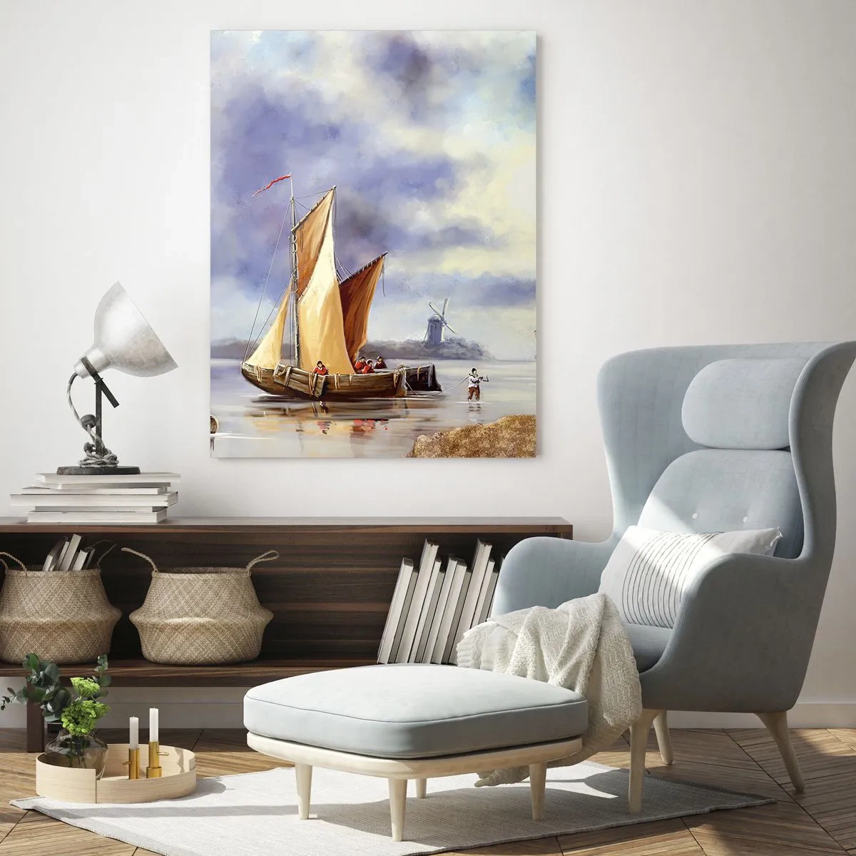 Quadro su vetro - Barche a vela su acque calme con mulini a vento sullo sfondo - 80x120cm - Il ritorno dei marinai - Decorazione murale moderna per soggiorno e camera da letto ARTTOR