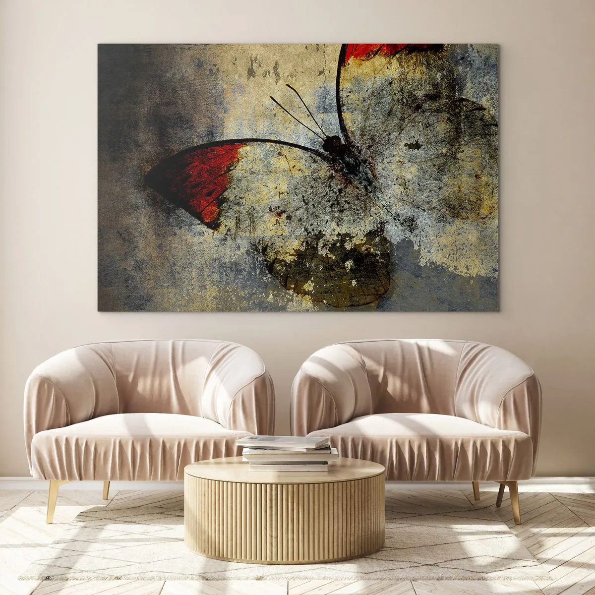 Quadro su vetro - Farfalla astratta su uno sfondo invecchiato - 70x50cm - Guarda prima che scompaia - Decorazione murale moderna per soggiorno e camera da letto ARTTOR