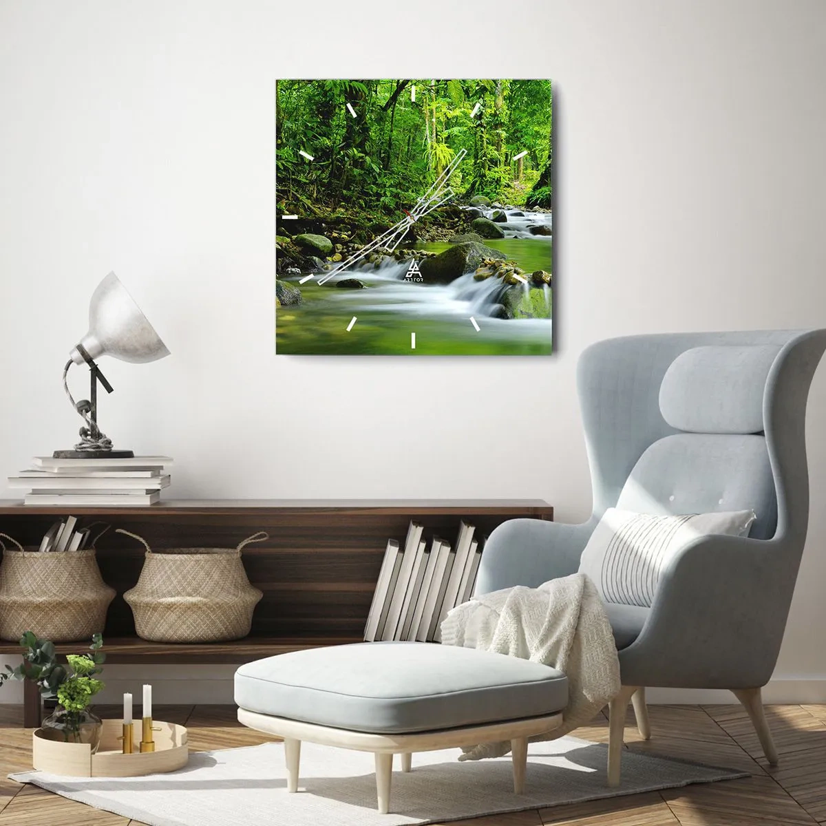 Orologio da parete - Orologio in Vetro - Un ruscello in una lussureggiante foresta tropicale - 30x30cm - Fluttuando in un mare di verde - Decorazione murale moderna per soggiorno e camera da letto ARTTOR