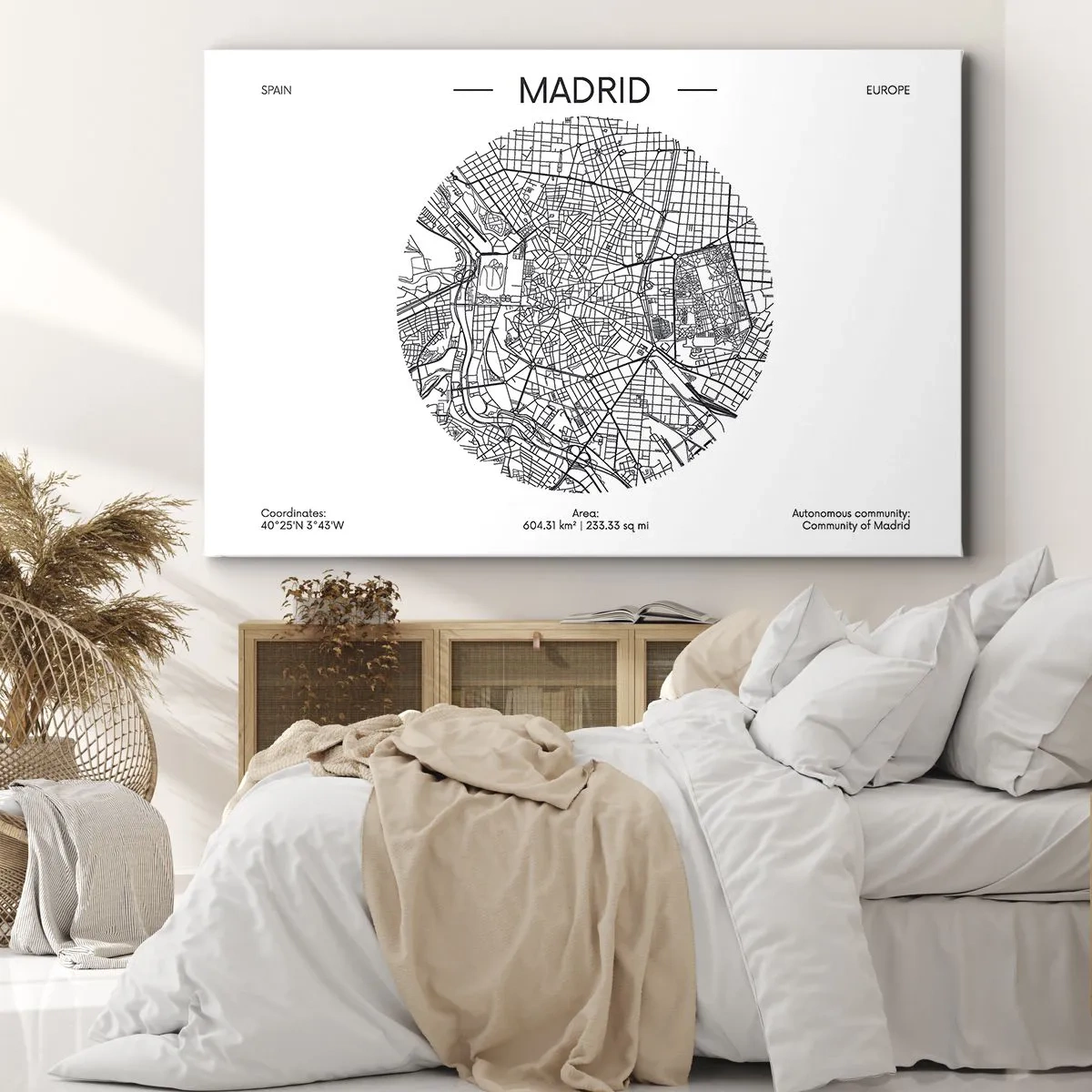 Quadro su tela - Stampe su Tela - Mappa di Madrid in stile minimalista in bianco e nero - 120x80cm - Anatomia di Madrid - Decorazione murale moderna per soggiorno e camera da letto ARTTOR