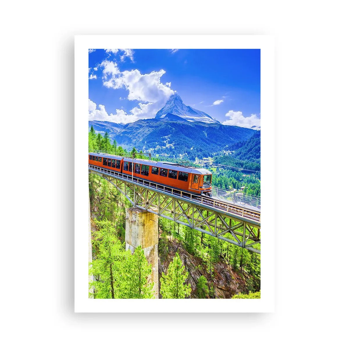 Poster - Un treno su un ponte sulle Alpi con vista sul Cervino - 50x70cm - Ferrovia alpina - Decorazione murale moderna per soggiorno e camera da letto ARTTOR