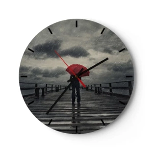 Orologio da parete - Orologio in Vetro - Una persona con un ombrello rosso su un molo in una giornata piovosa. - 30x30cm - Non importa che piove - Decorazione murale moderna per soggiorno, cucina e camera da letto ARTTOR