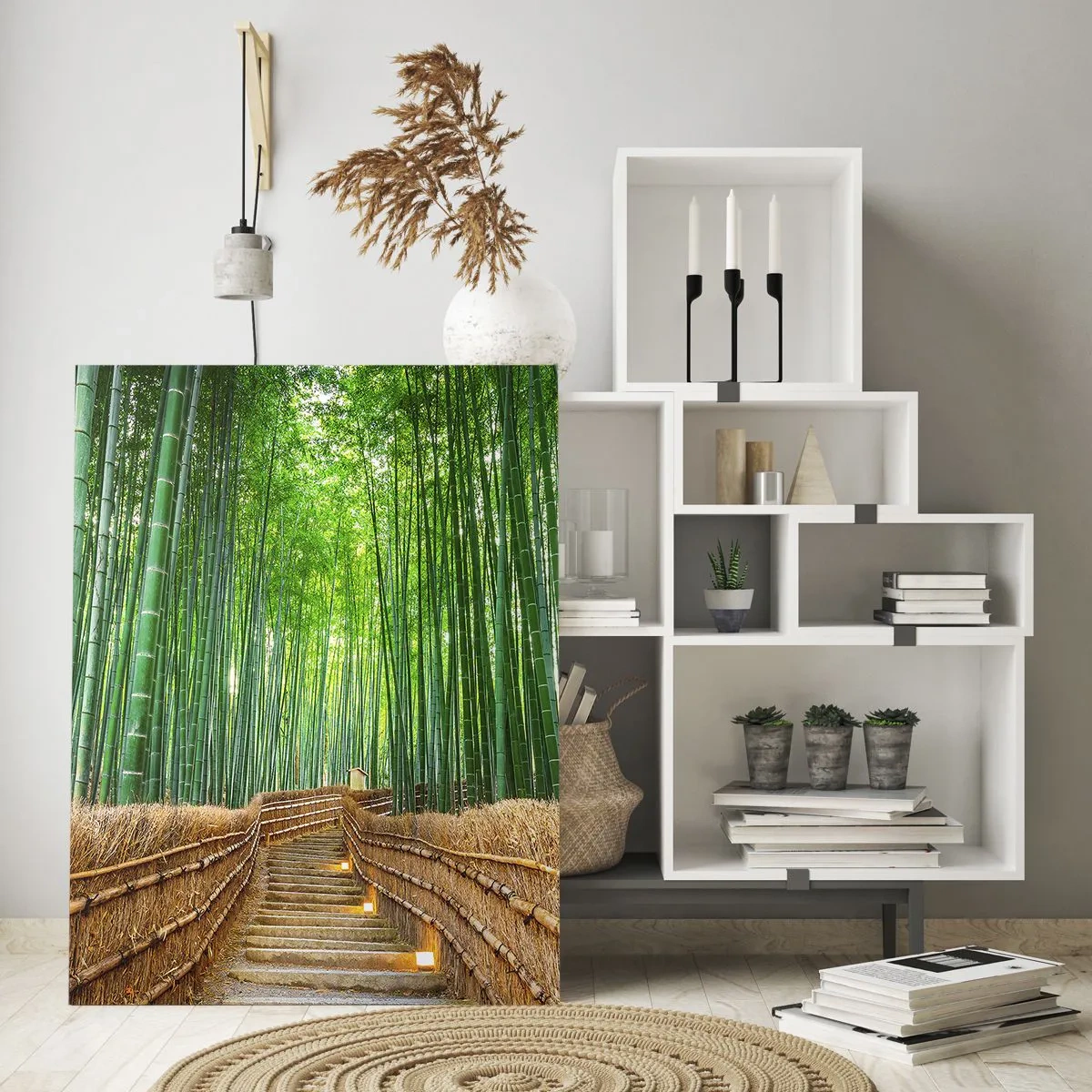 Quadro su vetro - Un sentiero nella foresta di bambù che conduce attraverso le scale - 50x70cm - Essenza della natura asiatica - Decorazione murale moderna per soggiorno e camera da letto ARTTOR