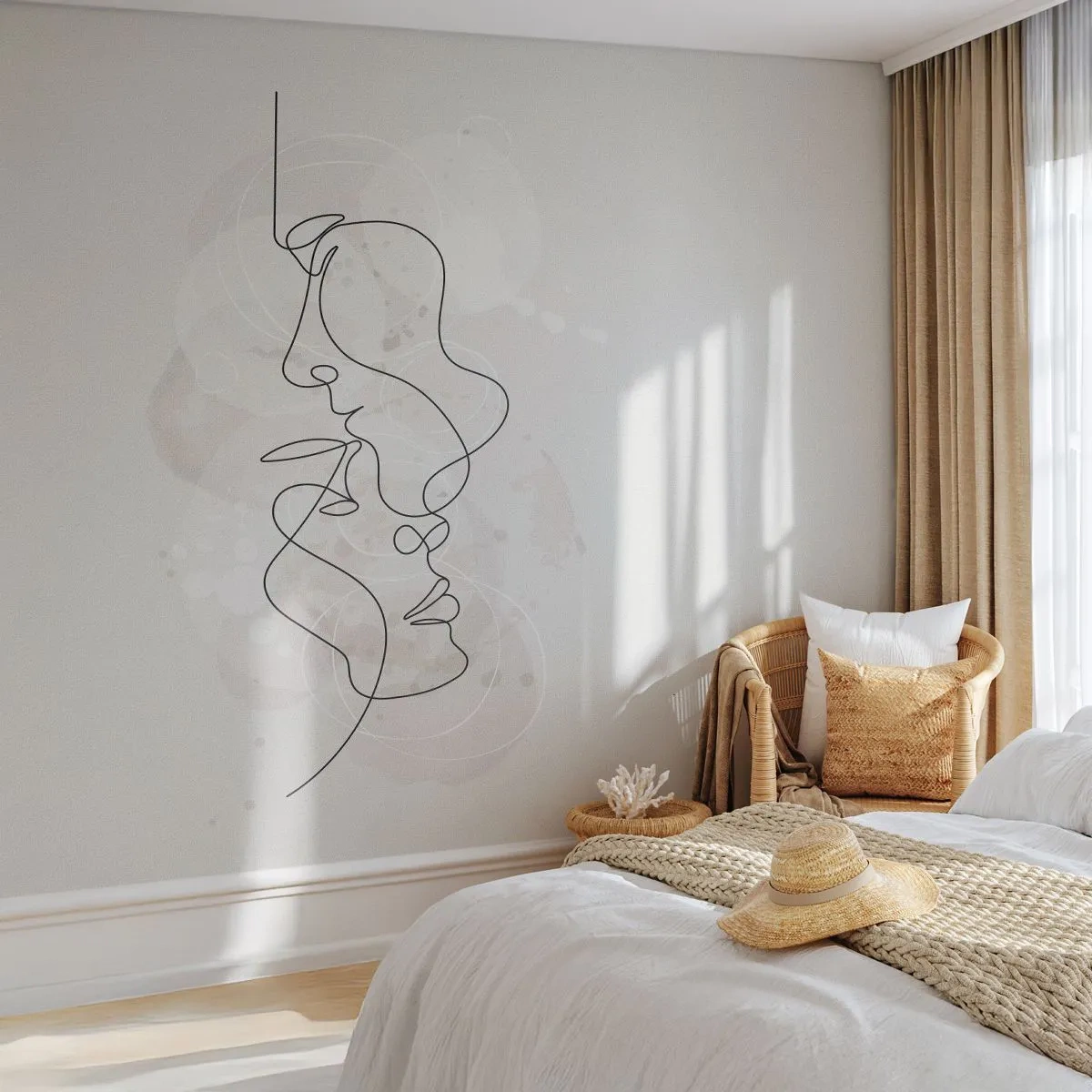 Fotomurali Premium Canvas - Contorno astratto di due volti su uno sfondo chiaro - 100x70cm - Intrecciati in un abbraccio - Decorazione murale moderna per soggiorno e camera da letto ARTTOR