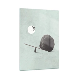 Quadro su vetro - Una scena minimalista con un uomo che vola verso la luna. - 50x70cm - Sogno adempiuto - Decorazione murale moderna per soggiorno e camera da letto ARTTOR