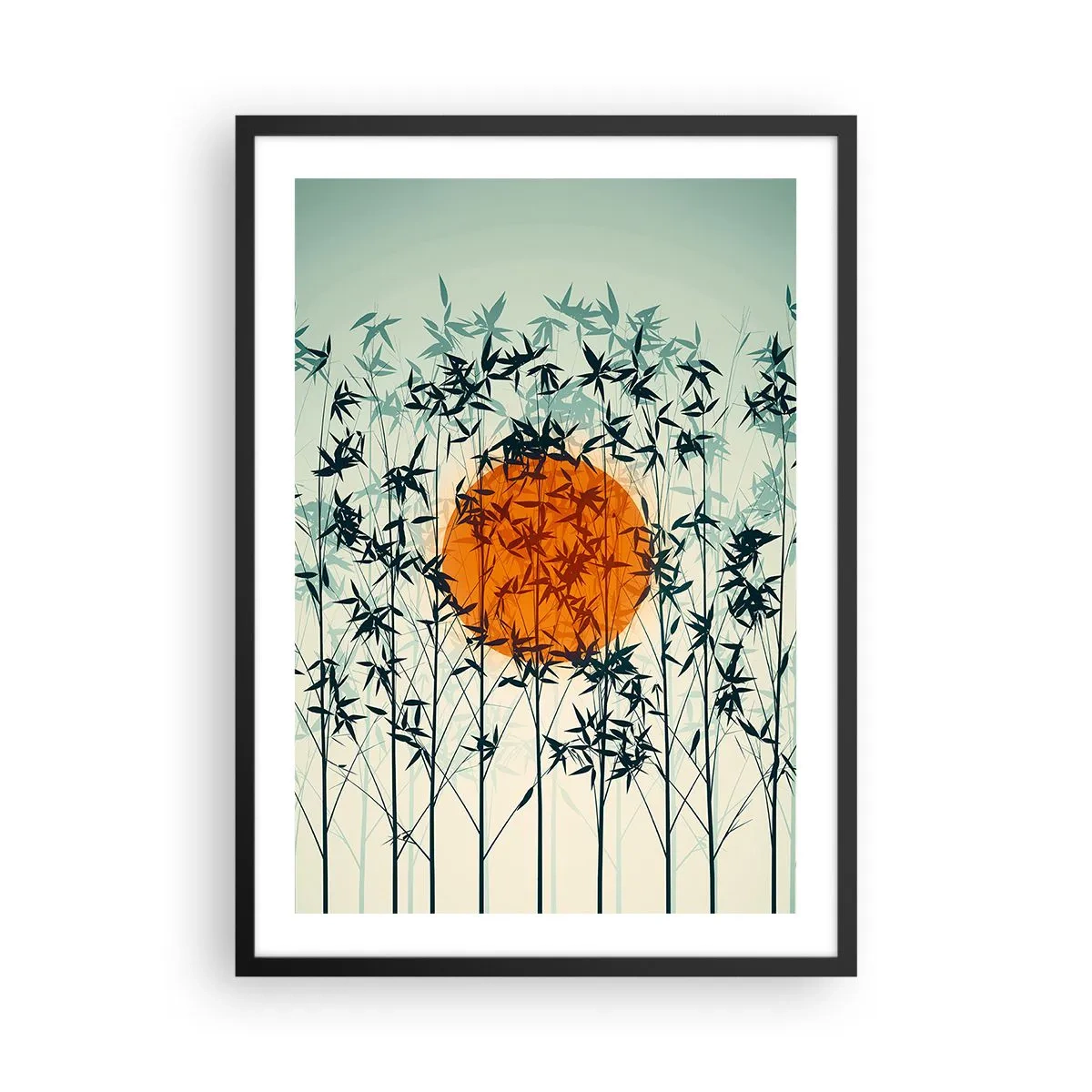 Poster in cornice nera - Il sole dietro i rami di bambù - 50x70cm - Sole giapponese - Decorazione murale moderna per soggiorno e camera da letto ARTTOR