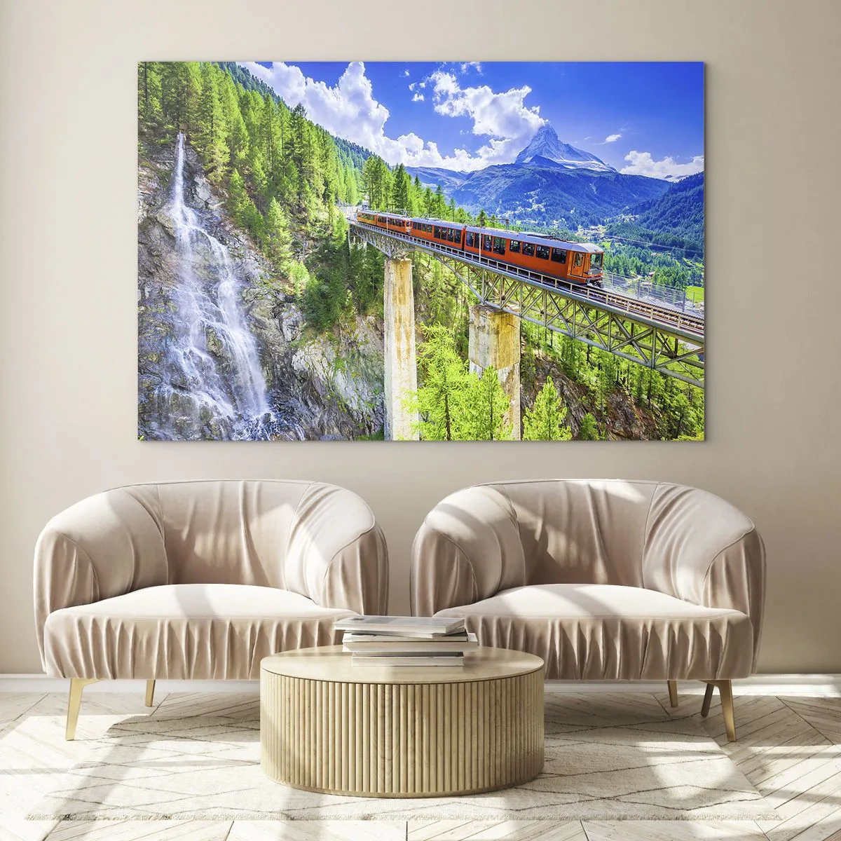 Quadro su vetro - Treno alpino su un ponte che domina una cascata - 70x50cm - Ferrovia alpina - Decorazione murale moderna per soggiorno e camera da letto ARTTOR
