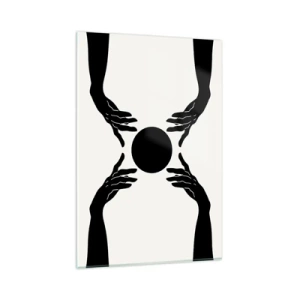 Quadro su vetro - Mani nere in una composizione simmetrica con una palla - 80x120cm - Segno misterioso - Decorazione murale moderna per soggiorno e camera da letto ARTTOR