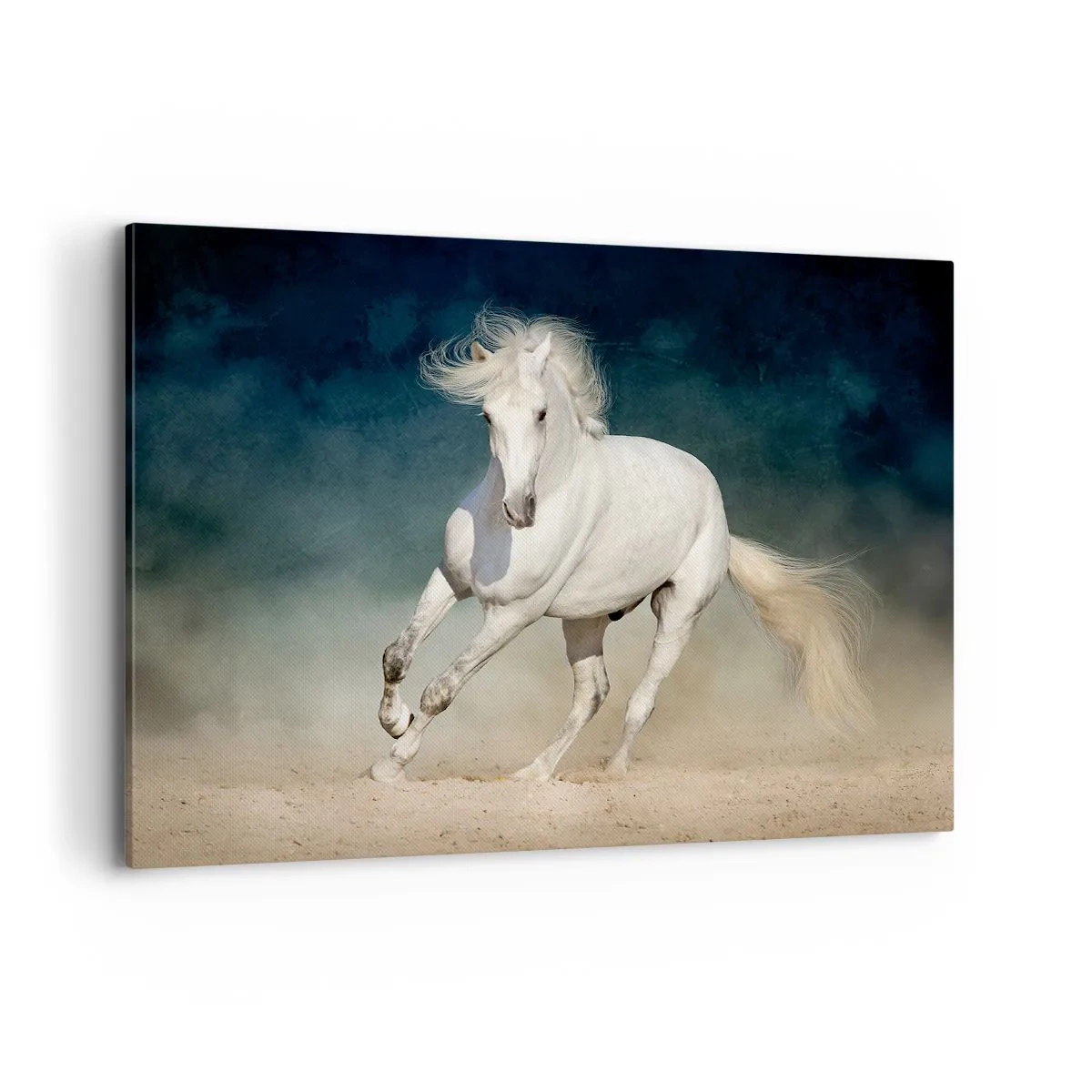 Quadro su tela - Stampe su Tela - Un cavallo bianco al galoppo contro un cielo sfocato - 100x70cm - Libertà allo stato puro - Decorazione murale moderna per soggiorno e camera da letto ARTTOR