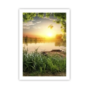 Poster - Tramonto sul lago con un molo - 50x70cm - Paesaggio incorniciato di verde - Decorazione murale moderna per soggiorno e camera da letto ARTTOR